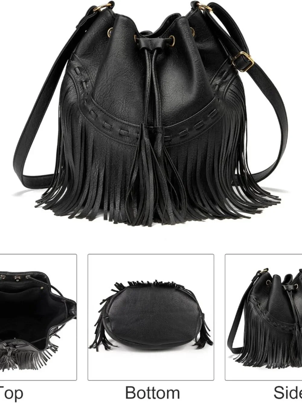 Leather Bucket Bags for Women Crossbody Fringe Purses with Drawstring Ladies Tas - Picture 8 of 8